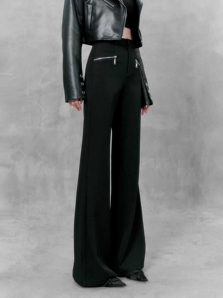 Zip-up pocket flared long pants