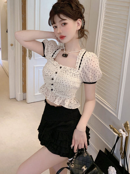 French Dot Stitch Lace Ruffle Design Chiffon Shirt