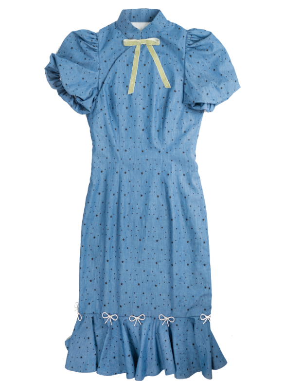 Denim Star Jewel Ribbon Puff Sleeve China Dress