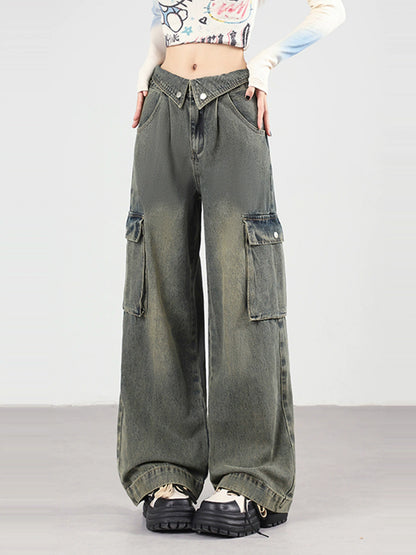 American Retro Straight Slimming Cuff Wide Leg Jeans