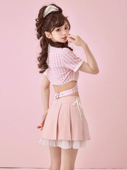 Layered mesh lace press pleated pink A line skirt