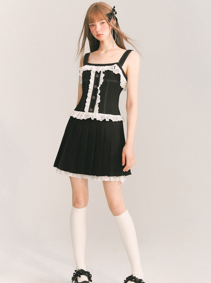 Lace frill black pleated skirt dress