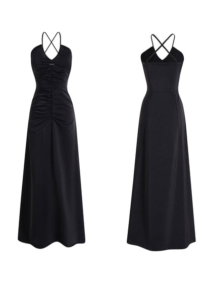 Amboire Black Satin Cross Hanging Neck Strap Dress