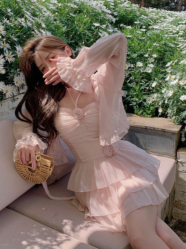 Sheer Lace Cardigan + Pink Rose Halter Neck Tiered Suspender Dress