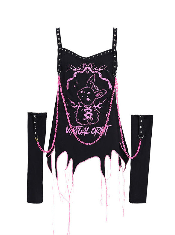 Y2K Cool Rabbit Print Black Pink Eyelet Chain Gloves &amp; Camisole