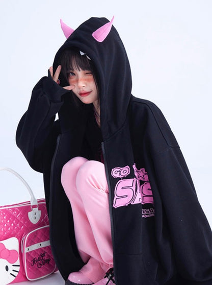 Devil Loose Letter Rosa Schwarz Hoodie