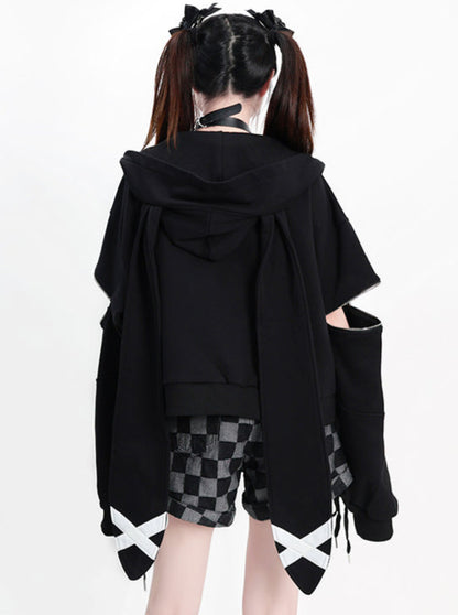 Bunny Ears Hoodie Zip Sleeve Short Loose Sweatshirt