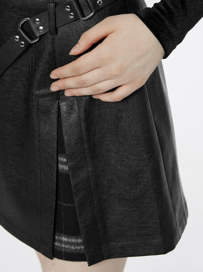 check ring leather skirt