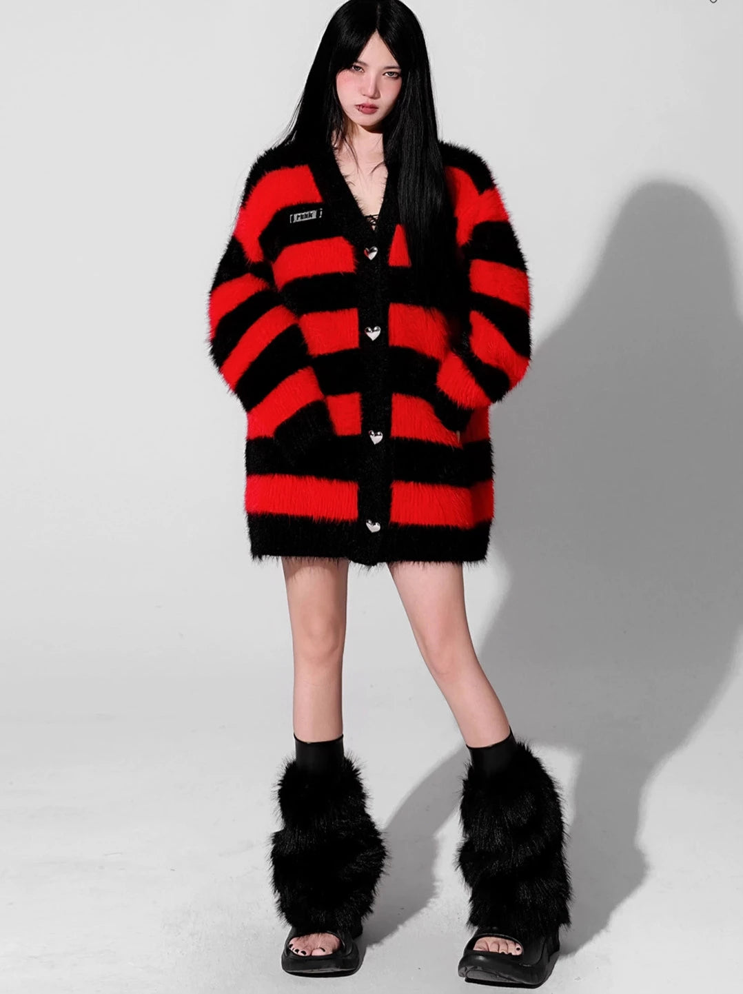 Little Devil Colour Red Black Faux Fur Stripe Punk Knit Cardigan