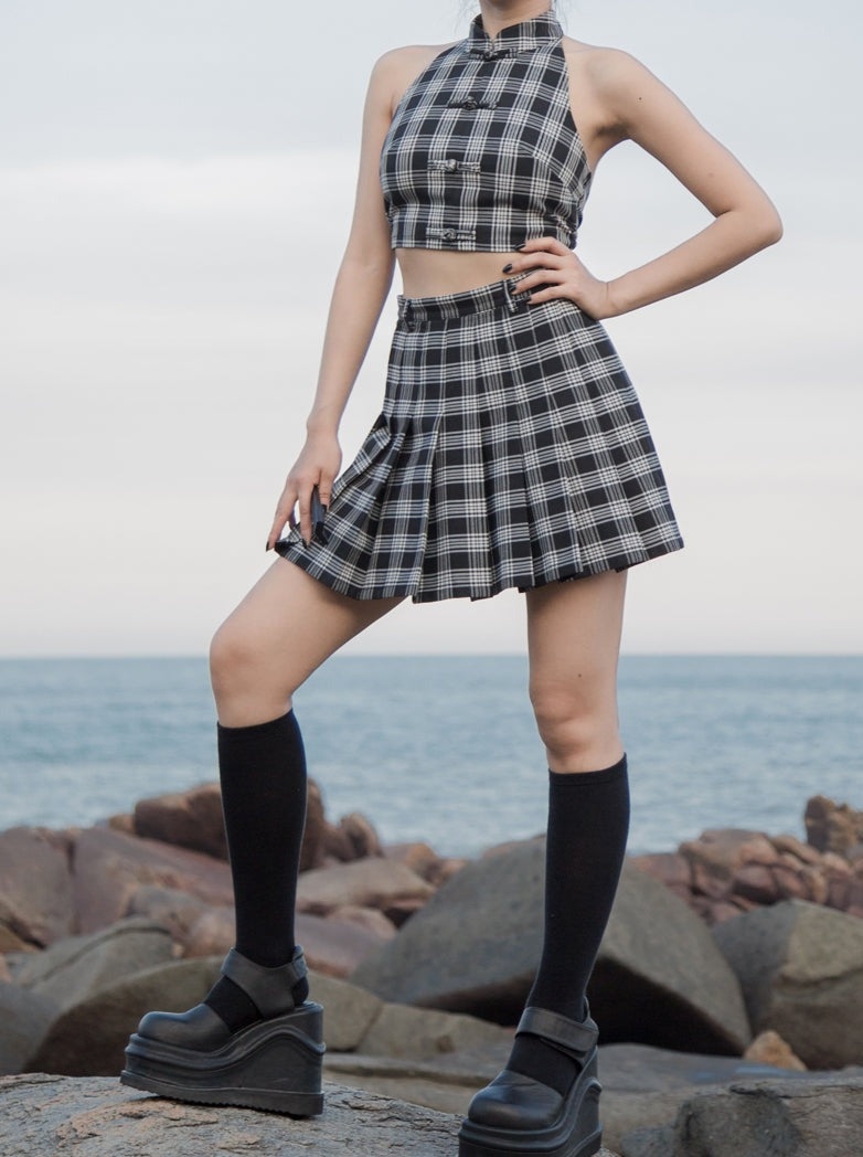 Monochrome check punk rock high waist pleated skirt