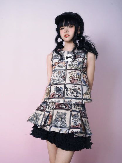 Retro Cat Jacquard frill stitch lace A line skirt