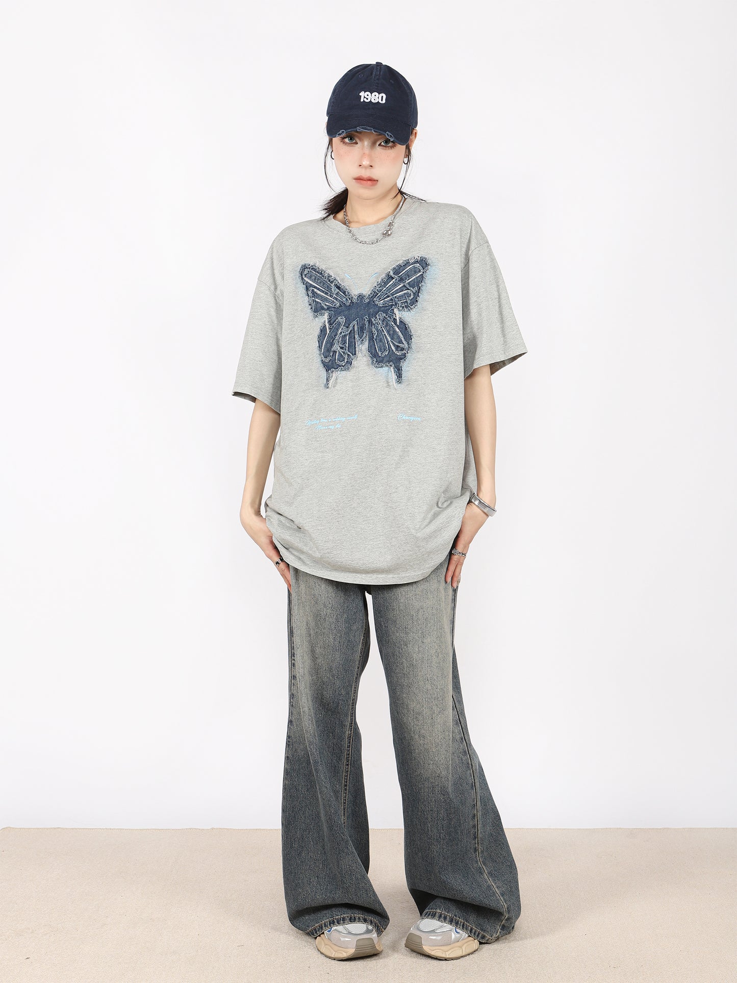 American Retro Butterfly Ergain Broy Dary Over -size T -shirt