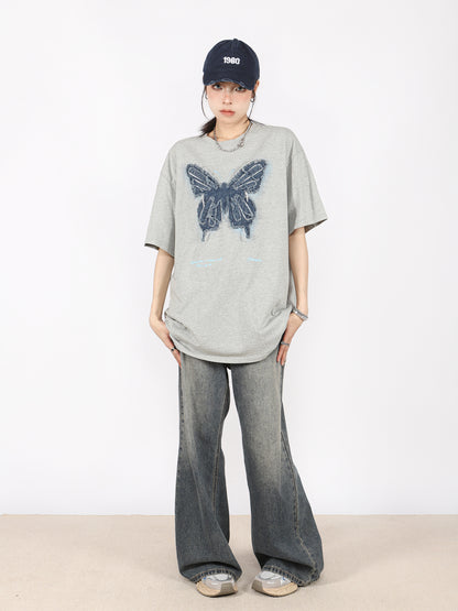 American Retro Butterfly Ergain Broy Dary Over -size T -shirt