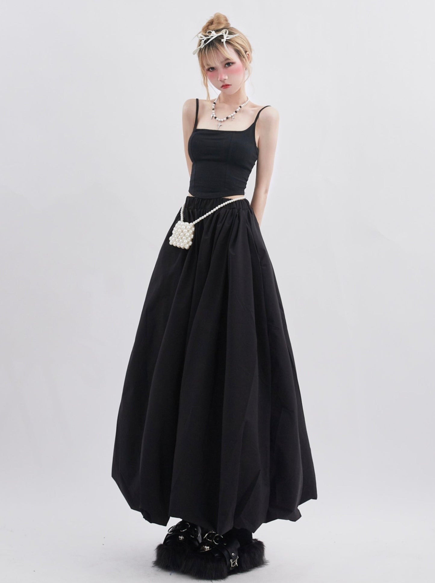 Camisole Volume Bub Skirt Black Faux 两件套