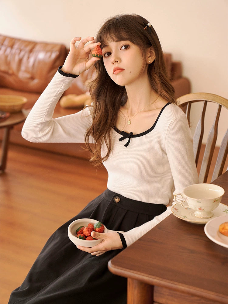 Open collar slim ribbon slim top