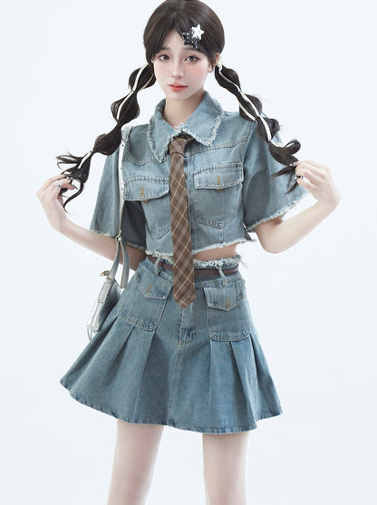 Denim tops with spicy college tie + denim skirt