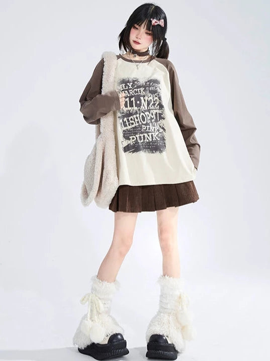 Loose Casual Colour Colour Block Block Raglan Sleeve Letter Printed Long T