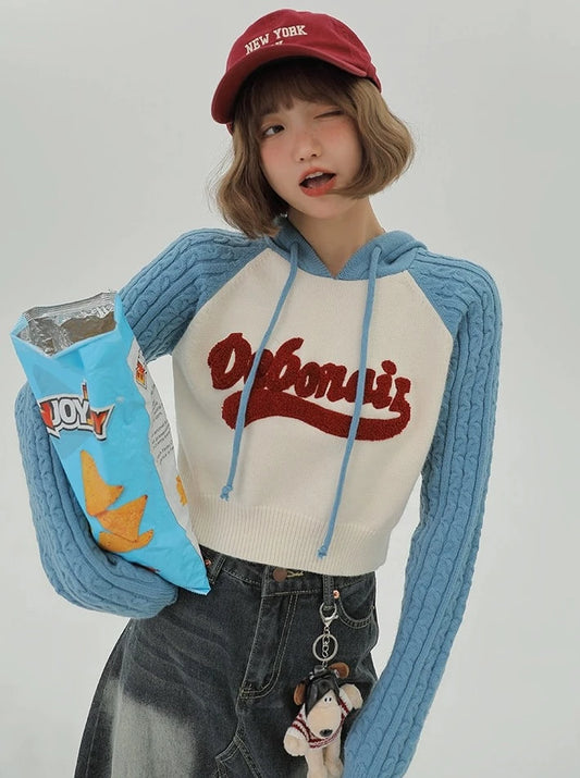 バイカラーラグランスリーブニットショートフードトップス