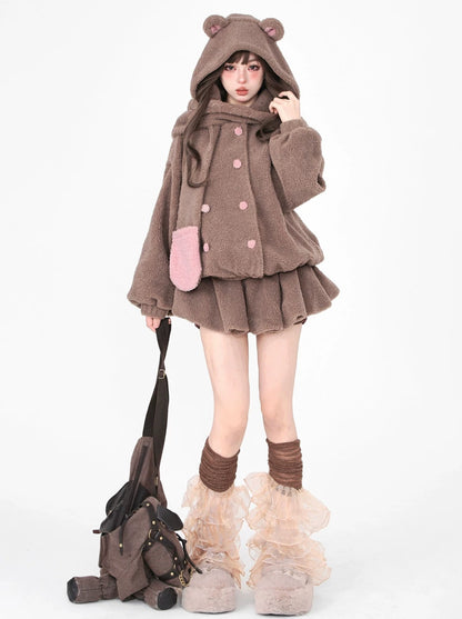 Bear Hood & Scarf Boa Jacket + Skirt