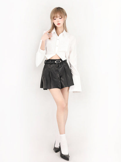 Long sleeve pleated tuck cropped shirt + leather skirt