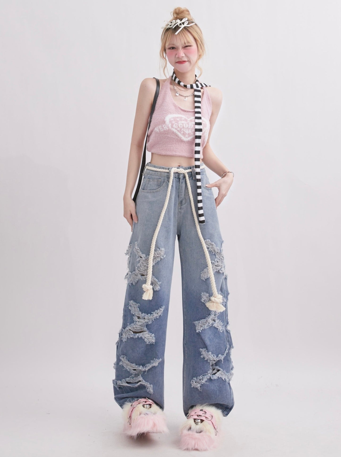 Hip -hop High Striped Design Straight Wide Drape Denim Pants