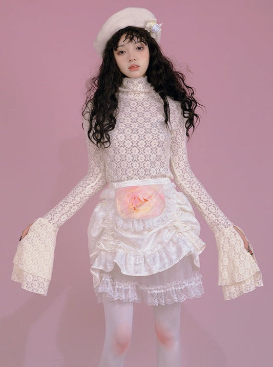 レースジャガードハイネックウォータースリーブトップス