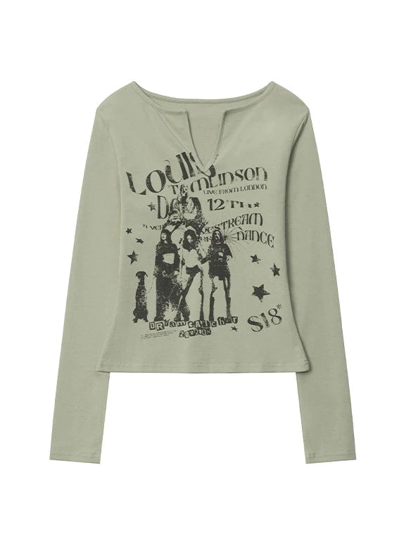 Short Key Neck Printed Long T