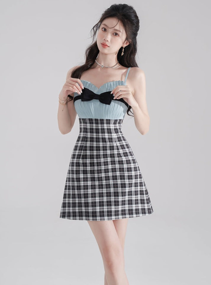 Retro check ribbon dress