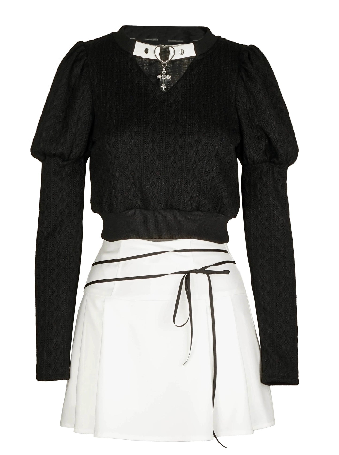 Cross Gothic Black Knitted Top Skirt + Black White Off Shoulder Dress Set Up