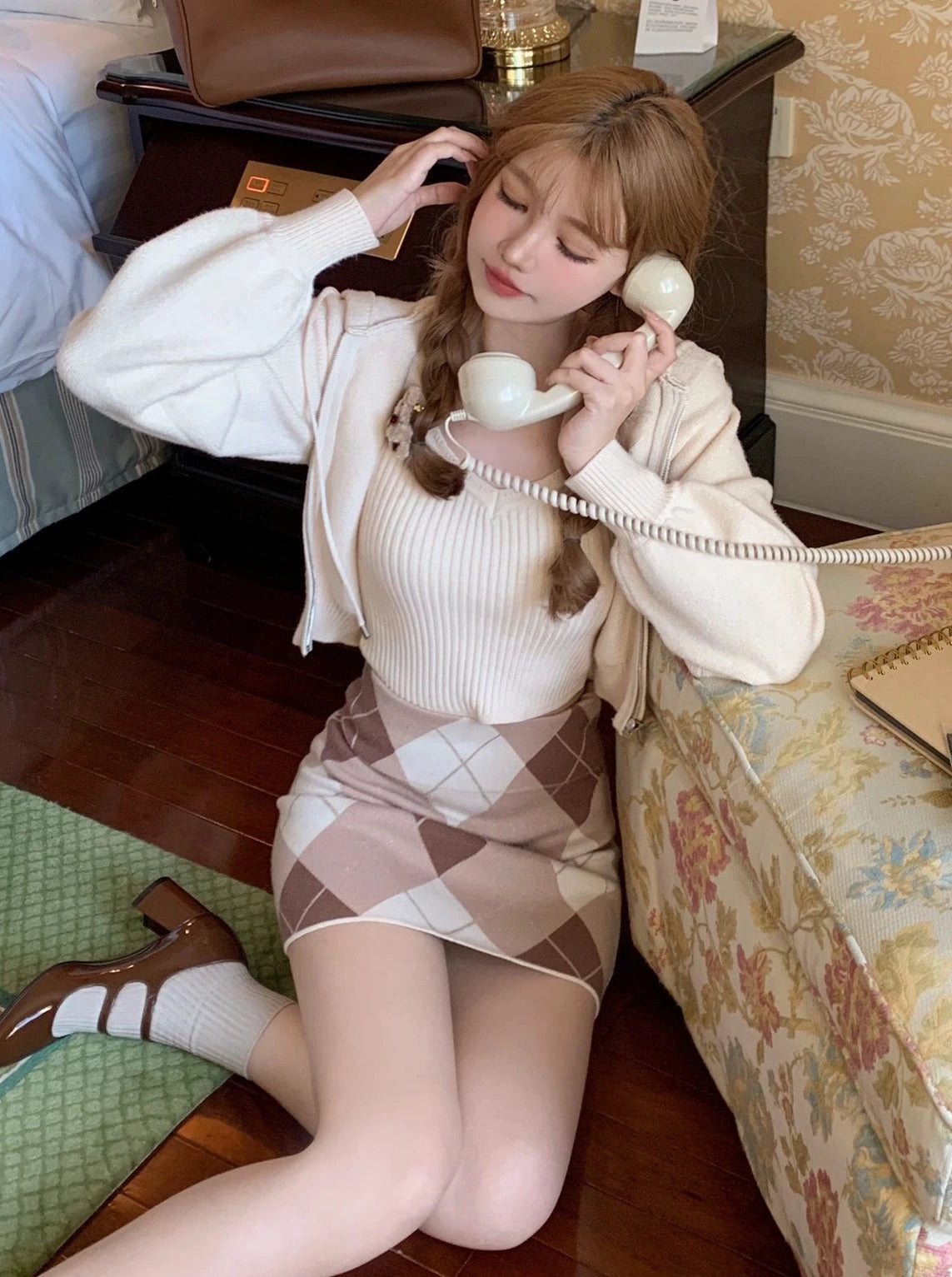 Milky Hooded Hoodie + Ribbed Camisole + Argyle Skirt