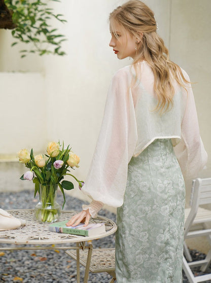 Flower Ashime dress + sheer cardigan