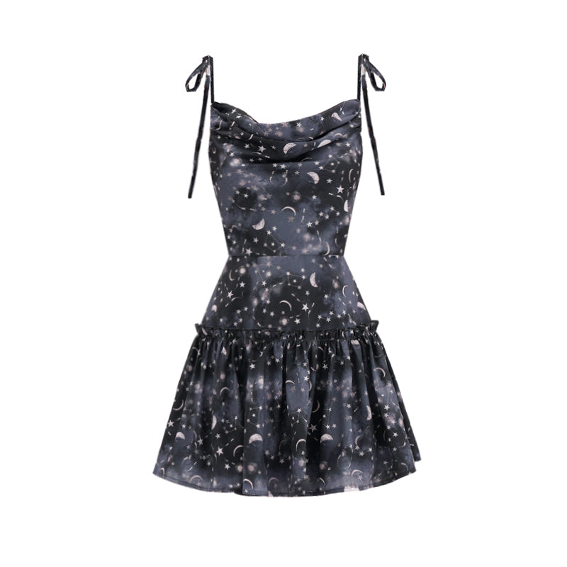 Dark Moon Star Neck Waist Slim Dress 