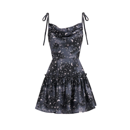 Dark Moon Star Neck Waist Slim Dress 