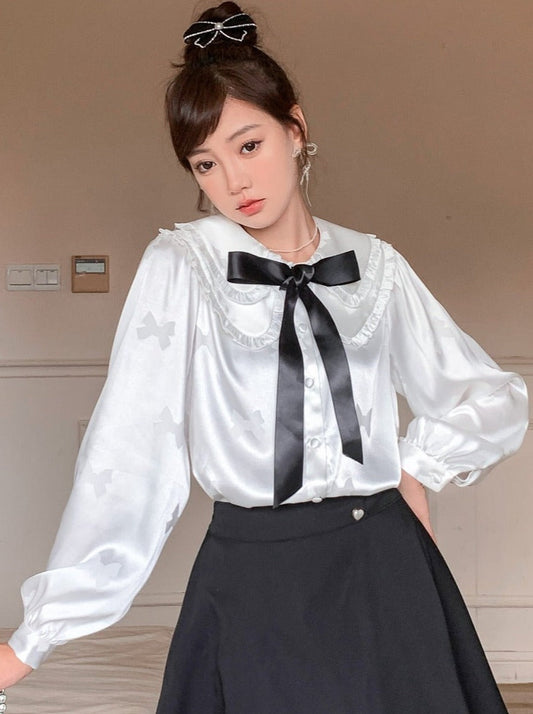 Doll Color Shirt White French Mantic Ribbon Blouse
