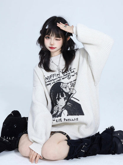 Girl Print Loose Pullover Knit Sweater