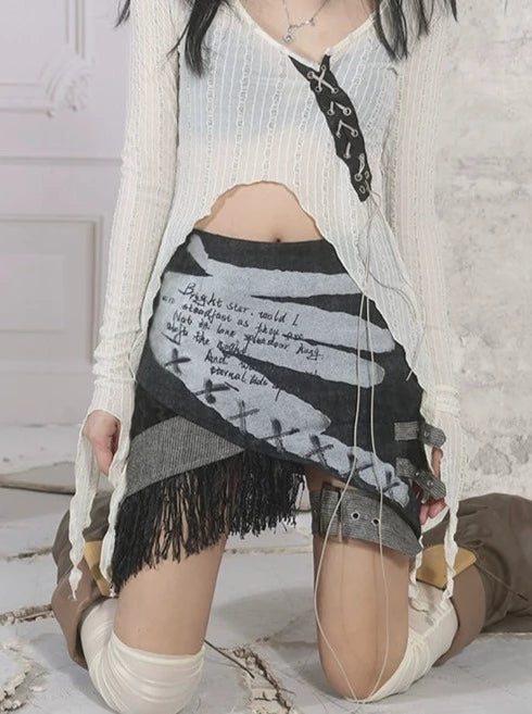 Printed Wash Slim Punk Street Fringe Skirt