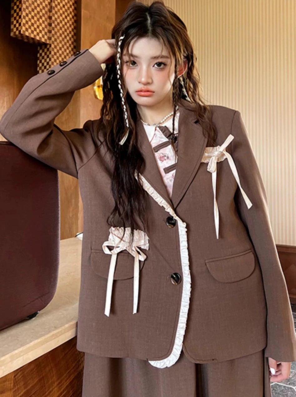 Ribbon Brown Casual Loose Jacket