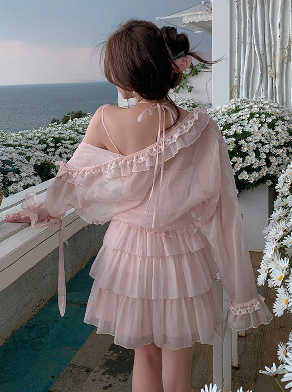 Sheer Lace Cardigan + Pink Rose Halter Neck Tiered Suspender Dress Belchic Sheer Lace Cardigan + Pink Rose Halter Neck Tiered Suspender Dress Belchic