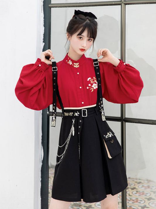 中国风卷袖衬衫 + 链带刺绣半身裙