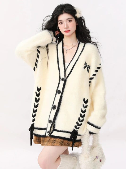 AONW Fall/Winter Soft Sticky Milk Cardigan Sweater Woman Loose Lazy Style Bow Plush Knit Jacket Woman