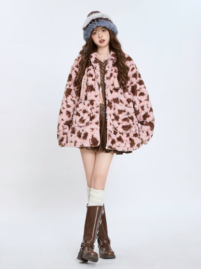 Retro tie-dye pink plush cotton coat