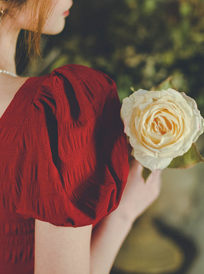 Wine Red Puff Sleeve Crinkle French Dress 