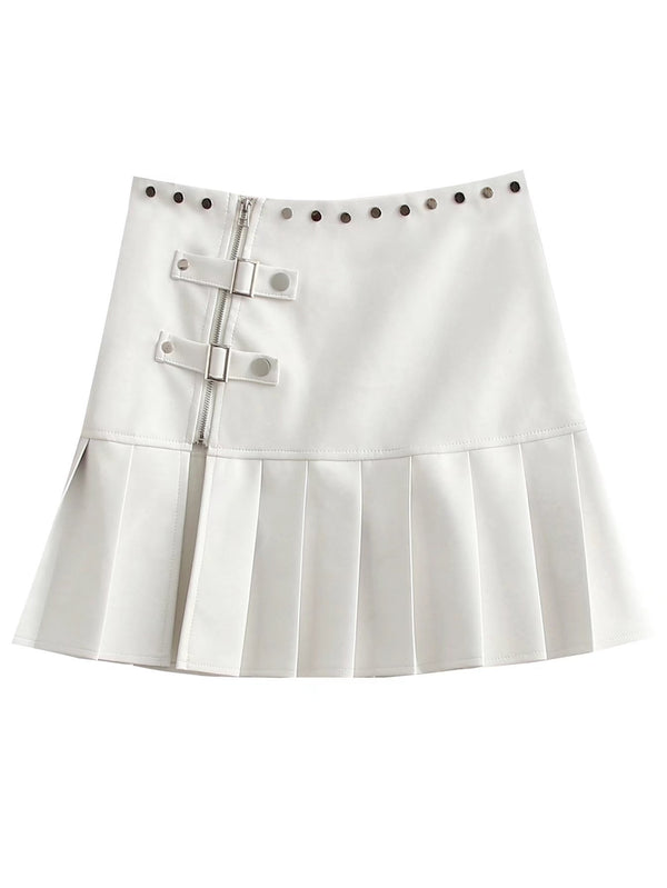 Cool Spicy Studded Buckle Split Leather Skirt