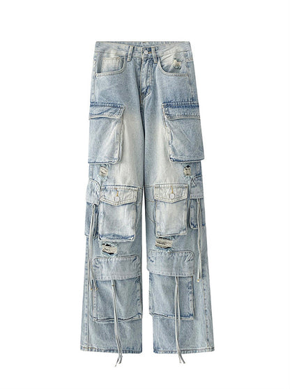 American Retro Loose Blue Ripped Straight Wide Leg Jeans