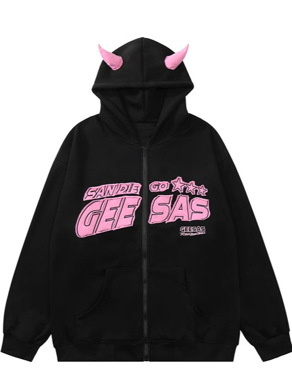 Devil Loose Letter Pink Black Hoodie