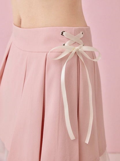 Layered mesh lace press pleated pink A line skirt