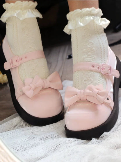 Lolita Sweet Round Toe Mid Heel Ribbon Mary Jane Shoes