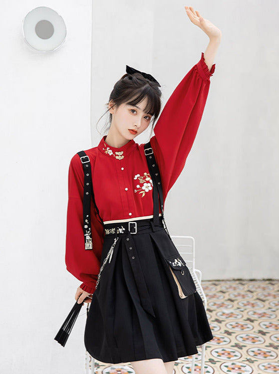 中国风卷袖衬衫 + 链带刺绣半身裙