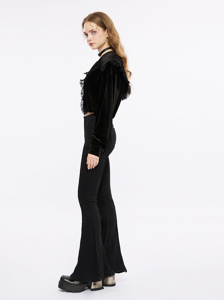 High Waist Plain Velvet Flared Pants