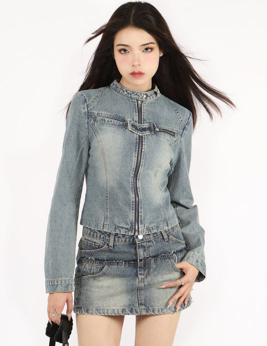 American Retro Letter Embroidery Stand Color Denim Jacket